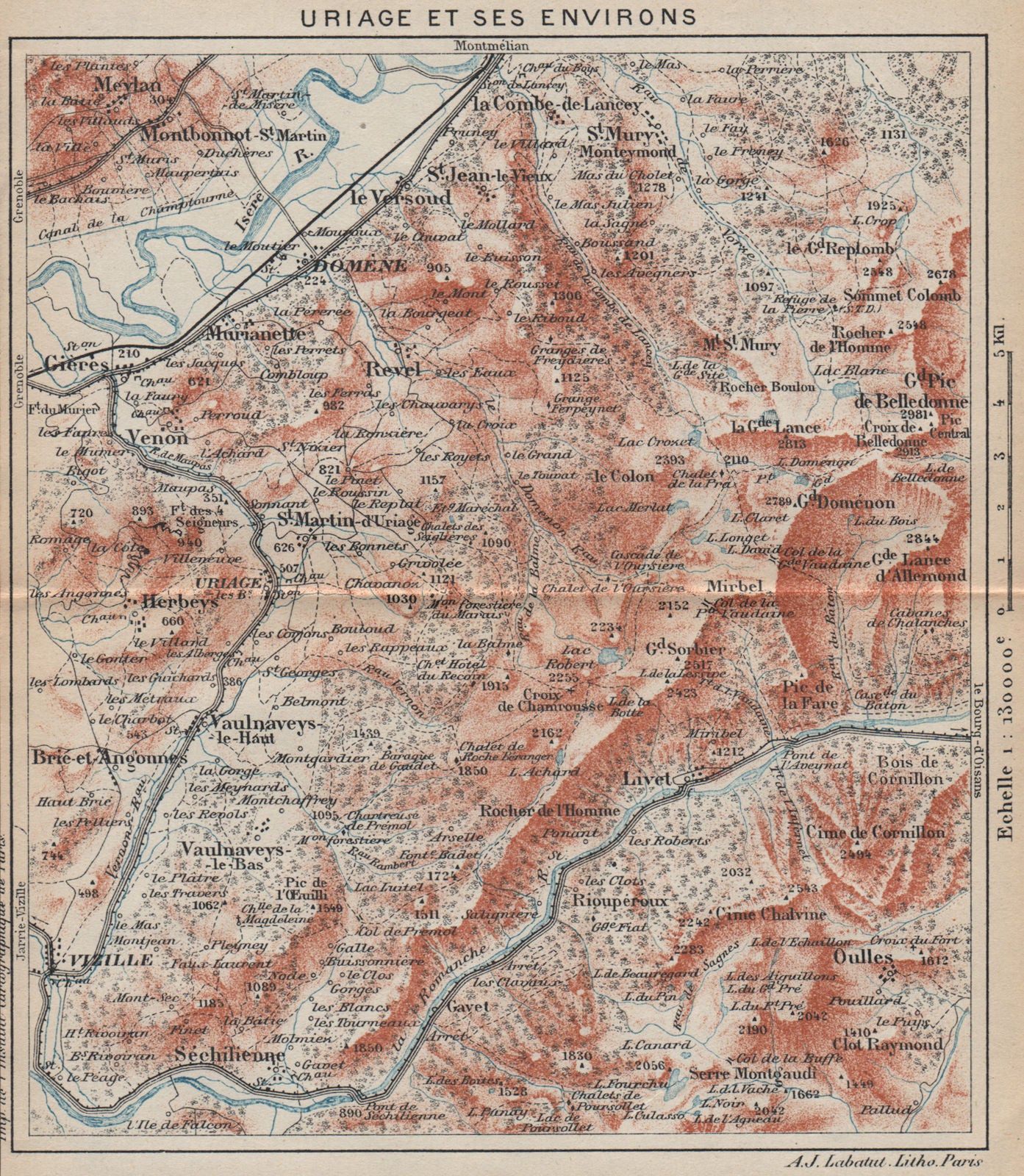 URIAGE & ENVIRONS. Vizille Domène Livet Chamrousse. Vintage map. Isère 1920